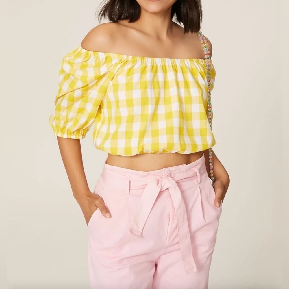 Color Me Courtney Yellow Gingham Kris Crop Top 100% Cotton Women’s Size Small